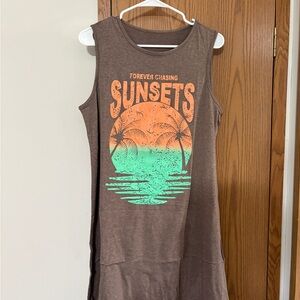 Amazon Brown Sleeveless Midi Dress with Orange and Green Print